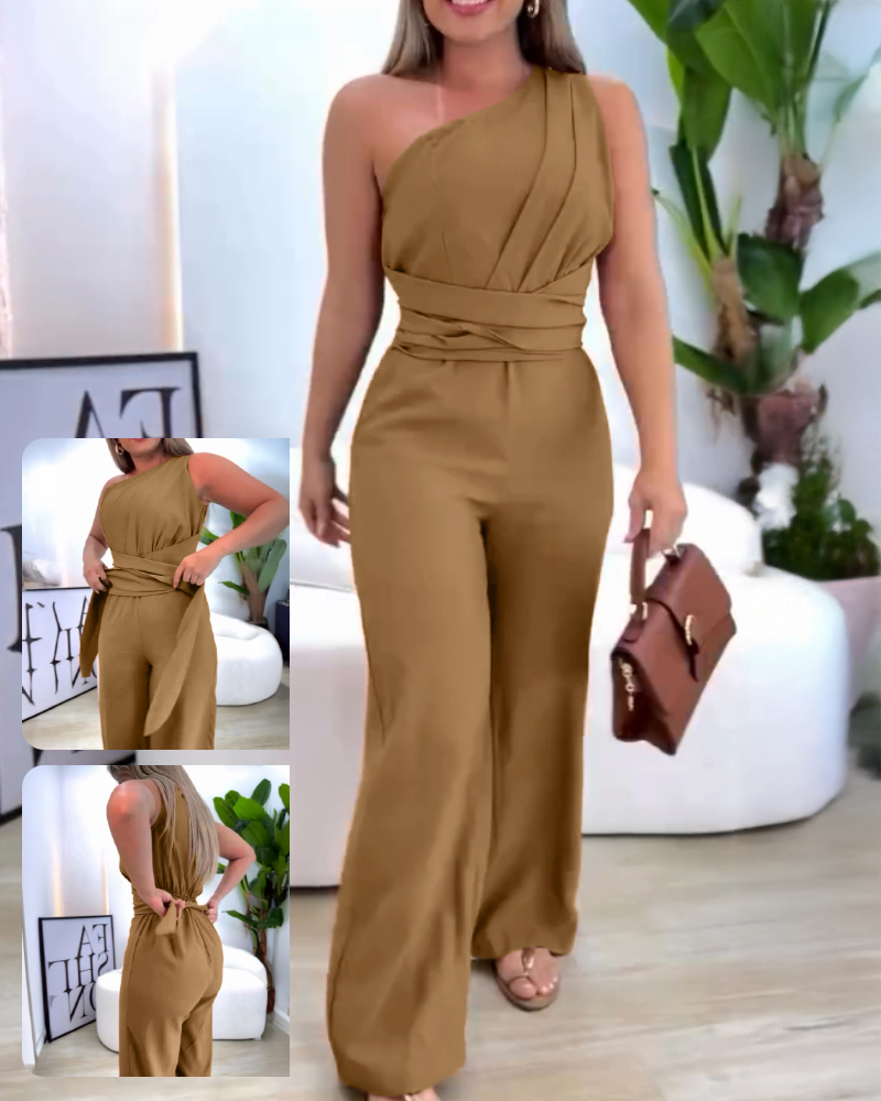 One Shoulder Sleeveless Ruched Zipper Side Overalls Tied Detail Cinched Waist Wide Leg Jumpsuit, women Jumpsuits, ChicMe catalog