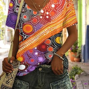 Casual Floral V Neck Short Sleeve T-shirt, T-shirts, color:Orange|size:4XL, catalog Noracora shop