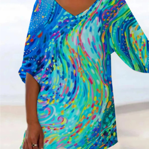Women Abstract Short Sleeve Shirt Summer Printing V Neck Daily Casual Top, JustFashionNow Blouses, color:Cyan|size:3XL,