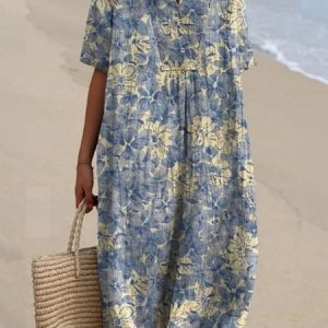 Women Floral Summer Dress V Neck Short Sleeve A-Line Dress, Dresses, color:Blue|size:3XL, catalog Noracora shop