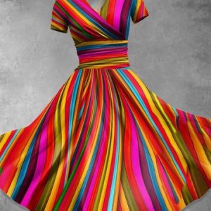 Women Striped Short Sleeve Summer Dress V Neck Daily Vintage Maxi A-Line Dress, JustFashionNow Dresses, color:As Picture|size:3XL,