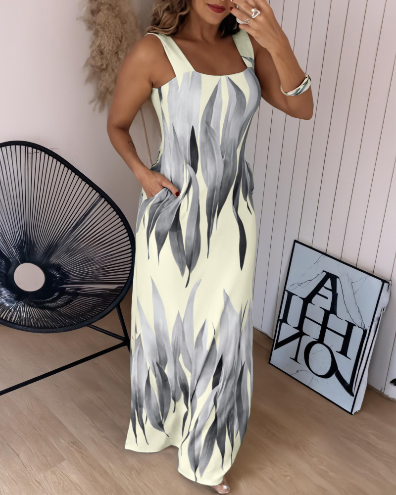 Plants Print Square Neck Thick Strap Maxi Dress Casual Slim Fit Side Slit Vacation Dress with Pockets, women Maxi Dresses, ChicMe catalog - Image 3