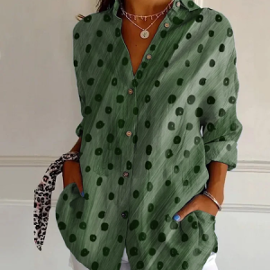 Women Polka Dots Long Sleeve Shirt Spring/Fall Buckle Shirt Collar Daily Casual Top, JustFashionNow Shirts, color:Green|size:XXL,