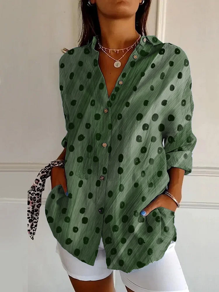 Women Polka Dots Long Sleeve Shirt Spring/Fall Buckle Shirt Collar Daily Casual Top, JustFashionNow Shirts, color:Green|size:XXL,
