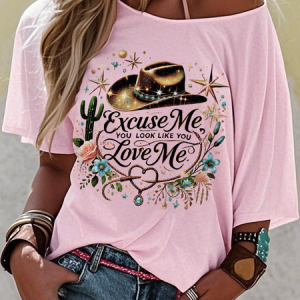 Women Letter Pattern Short Sleeve Tee T-shirt Crew Neck Vintage Summer Top, JustFashionNow T-Shirts, color:Pink|size:3XL,