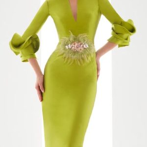 Elegant Ruffle Sleeve Feather-trimmed Notched Formal Dress, Midi Dresses, color:As Picture|size:XXL, Stylewe