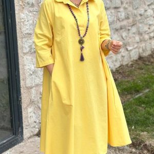 Women Plain Shirt Collar Three Quarter Sleeve Comfy Casual Maxi Shirt Dress, Dresses, color:Yellow|size:3XL, catalog Noracora shop