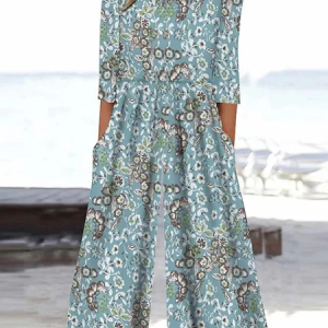 Women Floral Crew Neck Short Sleeve Casual Summer Jumpsuit, JustFashionNow Jumpsuits＆Rompers, color:Blue|size:3XL,