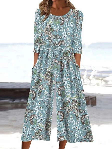 Women Floral Crew Neck Short Sleeve Casual Summer Jumpsuit, JustFashionNow Jumpsuits&Rompers, color:Blue|size:3XL,
