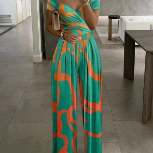 Floral Print Cold Shoulder Ruched Jumpsuit Casual Strechy Wide Leg Romper, women Jumpsuits, ChicMe catalog