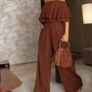 Off the Shoulder Layered Trim Waist Jumpsuit Casual Wide Leg Romper, women Jumpsuits, ChicMe catalog