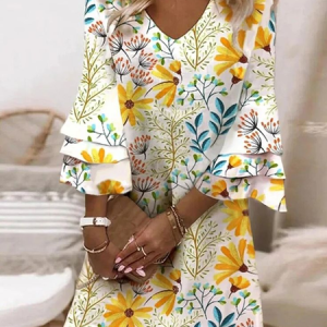 Women Floral Half Sleeve Summer Printing Dress V Neck Daily Casual Maxi H-Line Dress, JustFashionNow Casual Dresses, color:White|size:XXL,