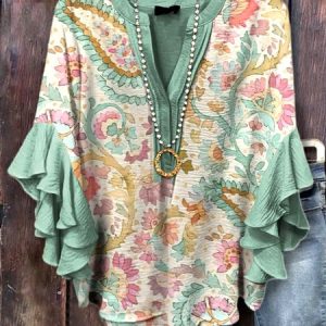 V Neck Long Sleeve Floral Regular Micro-Elasticity Regular Fit Shirt For Women, Shirts, color:Green|size:4XL, catalog Noracora shop