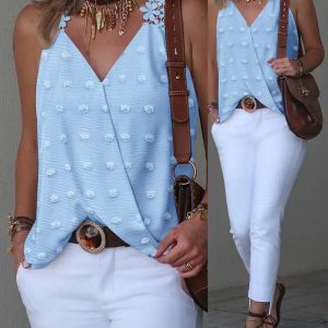Jacquard Polka Dot Webbing Patch Criss Cross Tank Casual Loose Fit Sleeveless Top, women Tanks & Crop Tops, ChicMe catalog
