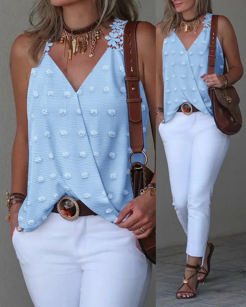 Jacquard Polka Dot Webbing Patch Criss Cross Tank Casual Loose Fit Sleeveless Top, women Tanks & Crop Tops, ChicMe catalog