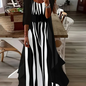 Women Abstract Stripes Printing Two-Piece Set Daily Three Quarter Sleeve Casual Spring/Fall Dress With Coat Matching Set, JustFashionNow 2-Piece Dresses, color:Black|size:XXL,