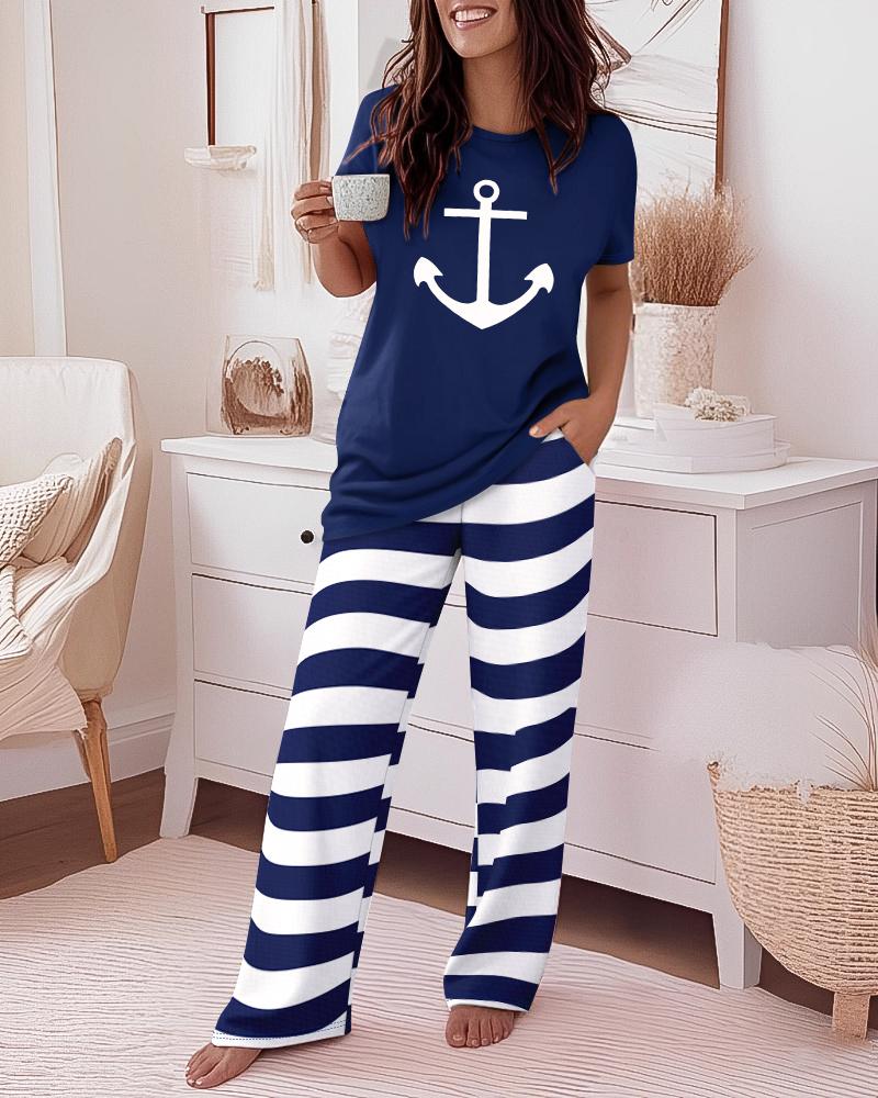 2 Pieces Outfit Anchor Pattern Short Sleeve Top and Striped Elastic Waist Pants Set Casual Pajamas Set, women Pajamas Sets, ChicMe catalog