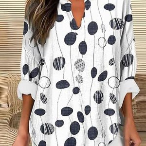 V Neck Long Sleeve Abstract Polka Dots Printing Regular Loose Blouse For Women, Blouses, color:White|size:5XL, catalog Noracora shop