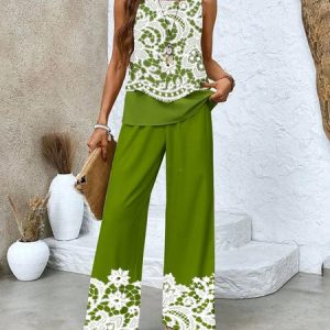 Women Floral Two-Piece Set Daily Sleeveless Casual Summer Matching Set, JustFashionNow Suit Set, color:Green|size:4XL,