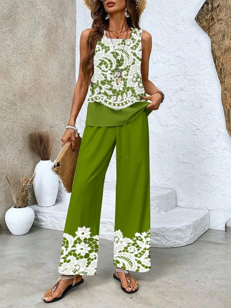 Women Floral Two-Piece Set Daily Sleeveless Casual Summer Matching Set, JustFashionNow Suit Set, color:Green|size:4XL,