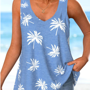 Casual Coconut Tree V Neck Sleeveless T-shirt, Tanks & Camis, color:Blue|size:4XL, catalog Noracora shop