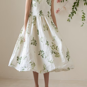 STYLE WE x CHILLINEN |Vacation Plants V Neck linen-cotton Midi Dress, Midi Dresses, color:As Picture|size:XXL, Stylewe