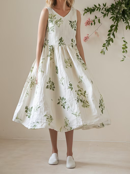 STYLE WE x CHILLINEN |Vacation Plants V Neck linen-cotton Midi Dress, Midi Dresses, color:As Picture|size:XXL, Stylewe