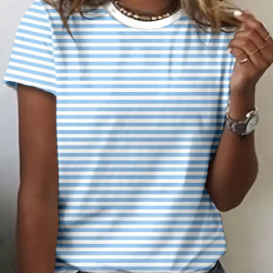 Women Striped Short Sleeve Tee T-shirt Crew Neck Printing Casual Summer Graphic Tee Top, JustFashionNow T-Shirts, color:Blue|size:XXL