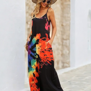 Women Tie Dye Crew Neck Gallus Comfy Casual Maxi Dress, Dresses, color:As Picture|size:4XL, catalog Noracora shop