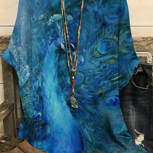 Vintage Peacock Crew Neck Three Quarter Sleeve T-shirt, T-shirts, color:Blue|size:4XL, catalog Noracora shop