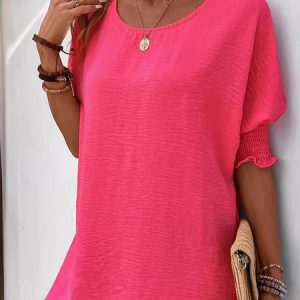 Women Plain Short Sleeve Blouse Summer Crew Neck Daily Casual Top, JustFashionNow Shirts, color:Rose Red|size:XXL,
