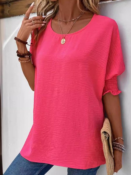 Women Plain Short Sleeve Blouse Summer Crew Neck Daily Casual Top, JustFashionNow Shirts, color:Rose Red|size:XXL,