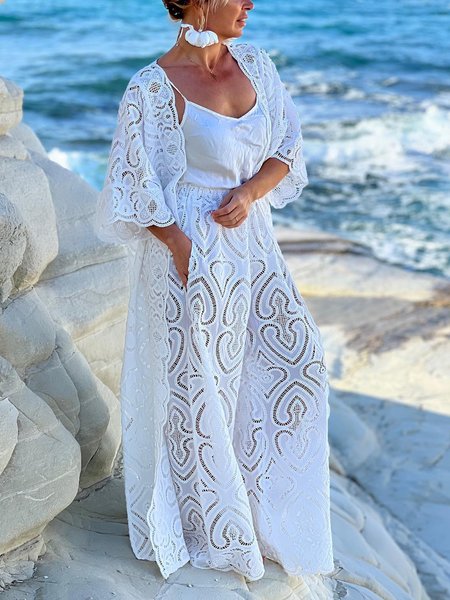 Vacation Raglan Sleeves Embroidery Plain Kimono, Kimonos, color:White|size:XXL, Stylewe