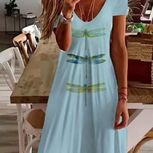 Women Dragonfly Short Sleeve Summer Printing Dress V Neck Daily Casual Midi Fit & Flare Dress A-Line Dress, JustFashionNow Casual Dresses, color:Blue|size:5XL,