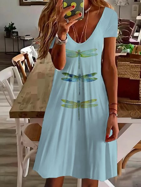 Women Dragonfly Short Sleeve Summer Printing Dress V Neck Daily Casual Midi Fit & Flare Dress A-Line Dress, JustFashionNow Casual Dresses, color:Blue|size:5XL,
