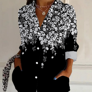 Women Floral Long Sleeve Shirt Spring/Fall Buckle Shirt Collar Daily Casual Top, JustFashionNow Shirts, color:Black|size:XXL,