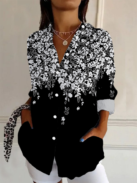 Women Floral Long Sleeve Shirt Spring/Fall Buckle Shirt Collar Daily Casual Top, JustFashionNow Shirts, color:Black|size:XXL,