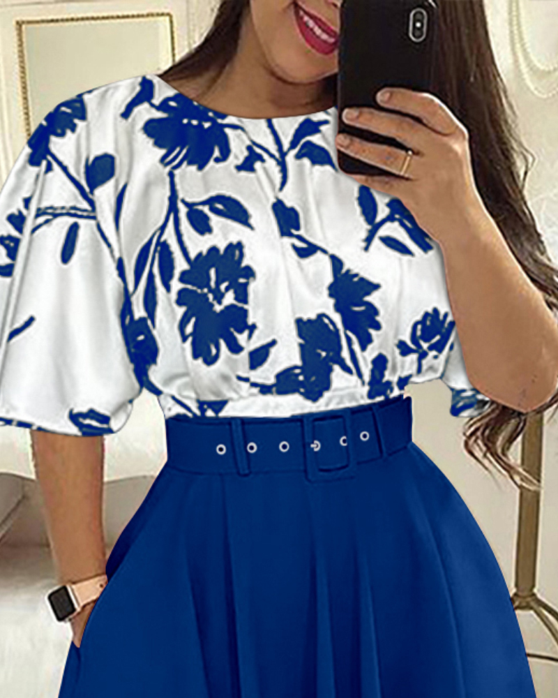 Floral Print Colorblock Flare Sleeve A-line Dress Work Dress, women Floral Dresses, ChicMe catalog - Image 3