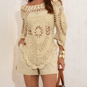 Boat Neck Batwing Sleeve Hollow-out Casual Top Asymmetrical Scallop Hem Crochet Pattern Cover Up, women Cover Ups, ChicMe catalog