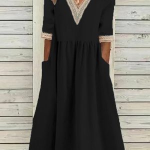 Women Plain V Neck Half Sleeve Comfy Casual Split Joint Maxi Dress, Dresses, color:Black|size:XXL, catalog Noracora shop