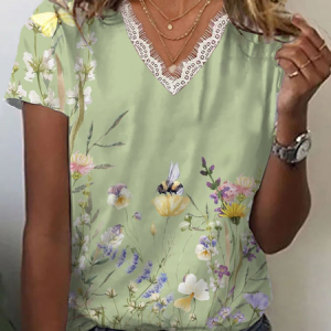Women Floral Short Sleeve Tee T-shirt V Neck Printing Casual Summer Graphic Tee Top, JustFashionNow T-Shirts, color:Green|size:4XL
