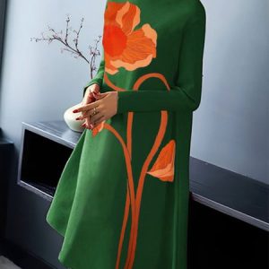 Daily Floral Stand Collar Long Sleeve Dress, Mini Dresses, color:Green|size:XXL, Stylewe