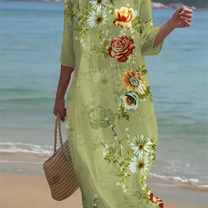 Women Floral Half Sleeve Summer Printing Dress Crew Neck Daily Casual Maxi H-Line Dress, JustFashionNow Casual Dresses, color:Green|size:5XL,