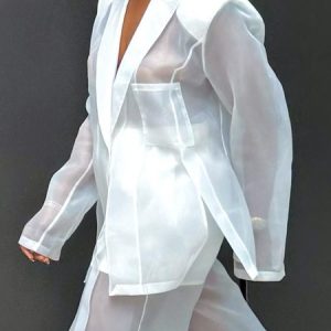 Lapel Collar Urban Loose Plain Blazer, Blazers, color:White|size:XXL, Stylewe