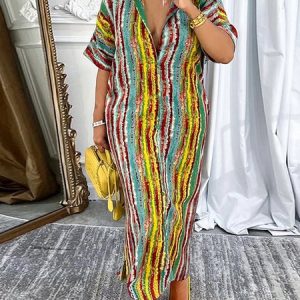 Urban Striped Printing Shirt Collar Maxi Dress, Maxi Dresses, color:Yellow|size:XXL, Stylewe