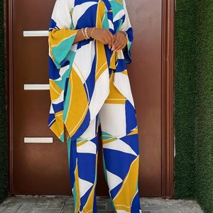 2 Pieces Outfit Geometric Print Three Quarters Sleeve Loose Top and Casual Wide Leg Pants Set, women Two-piece Sets, ChicMe catalog