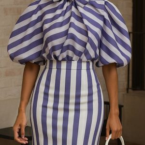 Urban Striped Printing Puff Sleeve Blouse, Blouses and Shirts, color:Blue|size:XXL, Stylewe