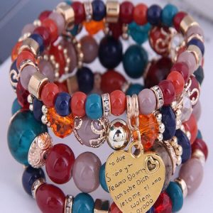 Best-selling Bohemian Alloy Love Pendant Multi-layer Elastic Rope Beaded Bracelet, Bracelet Set, color:Reddish Black|size:One-size, catalog Noracora shop