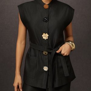 Urban Buttoned Plain Crew Neck Vest With Belt, Vests and Gilets, color:Black|size:XXL, Stylewe