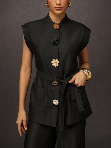 Urban Buttoned Plain Crew Neck Vest With Belt, Vests and Gilets, color:Black|size:XXL, Stylewe